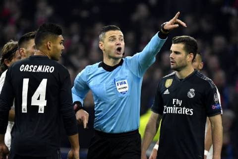 Soccer : UEFA Champions League 2018 19 - Round of 16 1st Leg : AJAX 1-2 Real Madrid on February 13, 2019 at the Amsterdam Arena in Amsterdam, Holland. Referee Damir Skomina declares its not a goal from Nicolas Tagliafico (Ajax) after consulting the VAR Noxthirdxpartyxsales  (97061079)