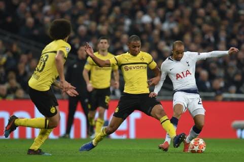 Tottenham Hotspur v Borussia Dortmund UEFA Champions League Abdou Diallo of Borussia Dortmund tackles Lucas Moura of Tottenham Hotspur during the UEFA Champions League match at Wembley Stadium, London Content Not Available For UK Newspapers Copyright: xMartynxHaworthx FIL-12886-0131