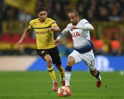 Tottenham Hotspur v Borussia Dortmund UEFA Champions League Lucas Moura of Tottenham Hotspur and Achraf Hakimi of Borussia Dortmund during the UEFA Champions League match at Wembley Stadium, London Content Not Available For UK Newspapers Copyright: xMartynxHaworthx FIL-12886-0155