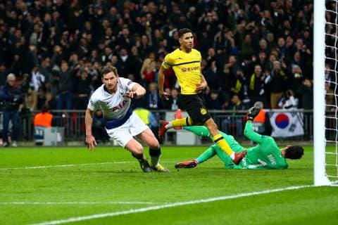 Jan Vertonghen of Tottenham Hotspur celebrates scoring his side s second goal during the UEFA Champions League Round of 16 First Leg match at Wembley Stadium, London. Picture date: 13th February 2019. Picture credit should read: Craig Mercer Sportimage EDITORIAL USE ONLY. No use with unauthorised audio, video, data, fixture lists, club league logos or live services. Online in-match use limited to 120 images, no video emulation. No use in betting, games or single club league player publications. CM2_0428.JPG