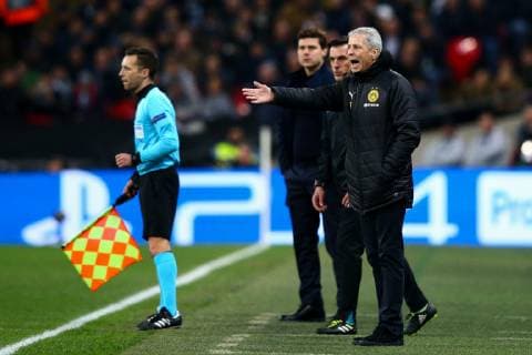 Borussia Dortmund manager Lucien Favre reacts during the UEFA Champions League Round of 16 First Leg match at Wembley Stadium, London. Picture date: 13th February 2019. Picture credit should read: Craig Mercer Sportimage EDITORIAL USE ONLY. No use with unauthorised audio, video, data, fixture lists, club league logos or live services. Online in-match use limited to 120 images, no video emulation. No use in betting, games or single club league player publications. C77R1490.JPG