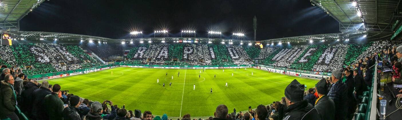 SOCCER - UEFA EL, Rapid vs Inter VIENNA,AUSTRIA,14.FEB.19 - SOCCER - UEFA Europa League, round of 32, SK Rapid Wien vs FC Internazionale Milano. Image shows fan choreography Keywords: Wien Energie. GEPAxpictures xMichaelxMeindl