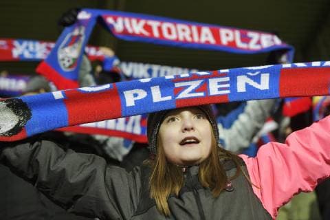 Fans of Viktoria Plzen in action during the Europa League round of 32 first leg soccer match in Plzen, Czech Republic, Thursday, Feb. 14, 2019. (CTKxPhoto MiroslavxChaloupka) CTKPhotoP201902141288501  cha11