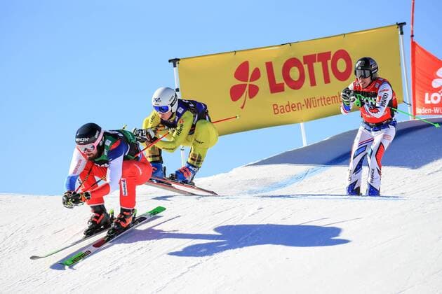 Sport Themen der Woche KW07 Sport Bilder des Tages FREESTYLE SKIING - FIS SX WC Feldberg FELDBERG,GERMANY,16.FEB.19 - FREESTYLE SKIING - FIS World Cup, Ski Cross. Image shows Ryan Regez (SUI), Florian Wilmsmann (GER) and Jean Frederic Chapuis (FRA). GEPAxpictures xMarioxBuehner