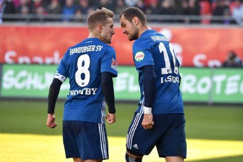 Head to head goal jubilation Pierre Michel LASOGGA re Hamburger SV after goal to 2 2 with Lewis HOLTBY Hamburger SV action jubilation joy enthusiasm football 2 Bundesliga FC Heidenheim Hamburger SV 2 2 22 matchday matchday22 league2 season 2018 19 on 16 02 2019 VOITH ARENA DFL REGULATIONS PROHIBIT ANY USE OF PHOTOGRAPHS AS IMAGE SEQUENCES AND OR QUASI VIDEO