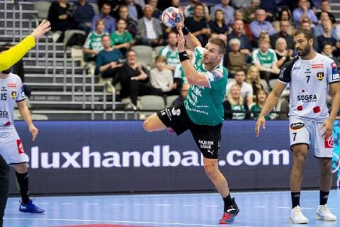 Bjarte Myrhol 18 from Skjern Handball shoots goals during the Champions League group match in mens handball between Skjern Handball and HBC Nantes in Skjern Bank Arena in Skjern Sunday, February 17, 2019 Skjern,  Copyright: MadsxDalegaardx cop106 spdk20190217-185314-L
