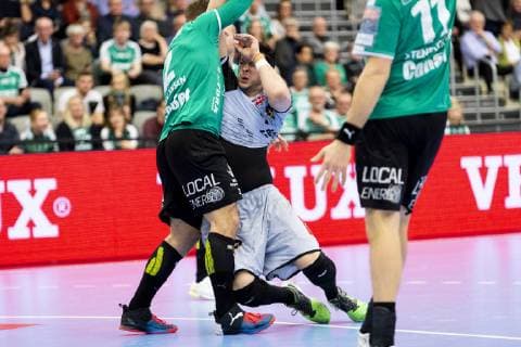 Nicolas Tournat 11 from HBC Nantes center together with Thomas Mogensen 2 from Skjern Handball during the Champions League group match in mens handball between Skjern Handball and HBC Nantes in Skjern Bank Arena in Skjern Sunday, February 17, 2019 Skjern Denmark,  Copyright: MadsxDalegaardx cop106 spdk20190217-185338-L