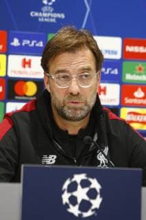 18th February 2019, Anfield, Liverpool, England; UEFA Champions League, pre match press conference PK Pressekonferenz ahead of Liverpool versus Bayern Munich; Liverpool manager Jurgen Klopp speaking to the media during today s press conference at Anfield ahead of tomorrow s Champions League round of 16 first leg match against Bayern Munich  ActionPlus12106437 AlanxMartin