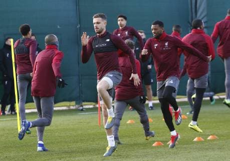 18th February 2019, Melwood, Liverpool, England; UEFA Champions League, Liverpool versus Bayern Munich; Jordan Henderson and Georginio Wijnaldum of Liverpool during today s open training session at Melwood ahead of tomorrow s Champions League round of 16 first leg match against Bayern Munich  ActionPlus12106475 AlanxMartin