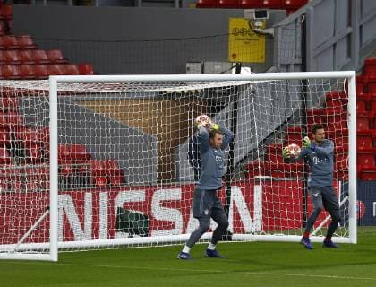 18th February 2019, Anfield, Liverpool, England; UEFA Champions League, Bayern Munich keepers Manuel Neuer and Sven Ulreich during today s open training session at Anfield ahead of tomorrow s Champions League round of 16 first leg match against Liverpool  ActionPlus12106546 AlanxMartin