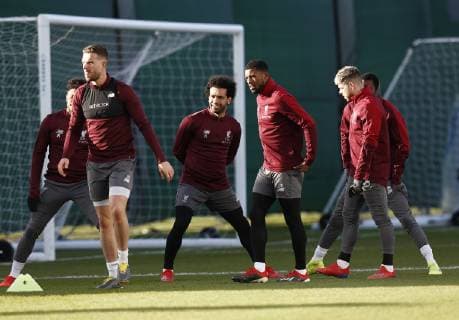 18th February 2019, Melwood, Liverpool, England; UEFA Champions League, Jordan Henderson, Mohamed Salah, Georginio Wijnaldum and Alberto Moreno of Liverpool during today s open training session at Melwood ahead of tomorrow s Champions League round of 16 first leg match against Bayern Munich  ActionPlus12106560 AlanxMartin
