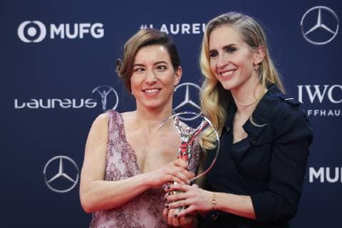 (190219) -- MONACO, Feb. 19, 2019 -- Sportsperson of the Year with a Disability winner, Slovakian skier Henrieta Farkasova (L) and her guide Natalia Subrtova show the trophy after the 2019 Laureus World Sports Awards ceremony in Monaco, Feb. 18, 2019. The 2019 Laureus World Sports Awards were unveiled in Monaco on Monday. ) (SP)MONACO-WORLD SPORTS AWARDS ZhengxHuansong 