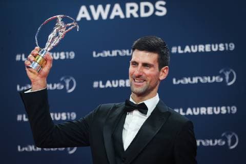 (190219) -- MONACO, Feb. 19, 2019 -- Sportsman of the Year winner Novak Djokovic shows the trophy after the 2019 Laureus World Sports Awards ceremony in Monaco, Feb. 18, 2019. The 2019 Laureus World Sports Awards were unveiled in Monaco on Monday. ) (SP)MONACO-WORLD SPORTS AWARDS ZhengxHuansong 