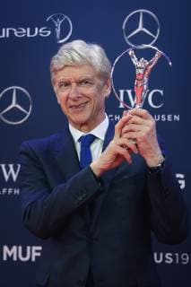 (190219) -- MONACO, Feb. 19, 2019 -- Lifetime Achievement Award winner Arsene Wenger shows the trophy after the 2019 Laureus World Sports Awards ceremony in Monaco, Feb. 18, 2019. The 2019 Laureus World Sports Awards were unveiled in Monaco on Monday. ) (SP)MONACO-WORLD SPORTS AWARDS ZhengxHuansong 