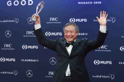 (190219) -- MONACO, Feb. 19, 2019 -- Chinese climber Xia Boyu shows the trophy after winning the Laureus Sporting Moment of the Year after the 2019 Laureus World Sports Awards ceremony in Monaco, Feb. 18, 2019. The 2019 Laureus World Sports Awards were unveiled in Monaco on Monday. ) (SP)MONACO-WORLD SPORTS AWARDS ZhengxHuansong 