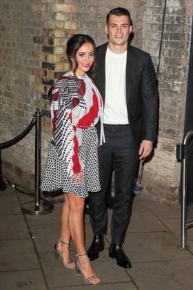 Granit Xhaka 26 the football player from FC Arsenal with his wife Leonita Xhaka arriving at the Fabulous Fund Fair Charity Event on 18 02 2019 as part of London Fashion Week Autumn Winter 2019 in London Fabulous Fund Fair Charity Event as part of London Fashion Week 2019