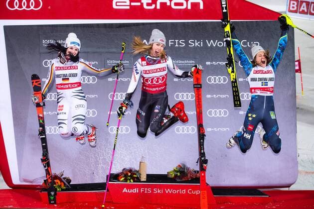 Sport Themen der Woche KW08 Sport Bilder des Tages 190219 Christina Geiger of Germany, Mikaela Shiffrin of USA and Anna Swenn-Larsson of Sweden celebrates on the podium after the FIS alpine world cup city event on February 19, 2019 in Stockholm. *** 190219 Christina Geiger of Germany Mikaela Shiffrin of USA and Anna Swenn Larsson of Sweden celebrates on the podium after the FIS alpine world cup city event on February 19 2019 in Stockholm,  Copyright: DANIELxSTILLER BB190219DS040