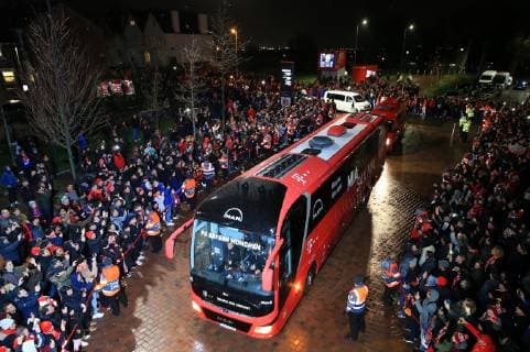 19th February 2019, Anfield, Liverpool, England; UEFA Champions League round of 16, Liverpool versus Bayern Munich; the Bayern Munich team bus is greeted by fans on its arrival at the stadium prior to the match  ActionPlus12106763 DavidxBlunsden