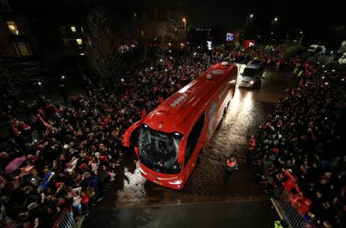 19th February 2019, Anfield, Liverpool, England; UEFA Champions League round of 16, Liverpool versus Bayern Munich; the Liverpool team bus is greeted by fans on its arrival at the stadium prior to the match  ActionPlus12106764 DavidxBlunsden
