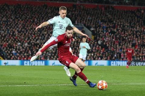 l r in duel action with Joshua Kimmich 32 FC Bayern Muenchen and Andrew Robertson 26 Liverpool FC Liverpool FC vs. FC Bayern Muenchen Football Champions League Round of 16 19 02 2019 Liverpool Liverpool England Copyright: xkolbert-press ChristianxKolbertx