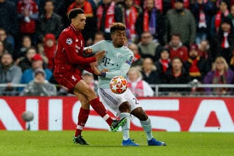 England Liverpool 19 02 2019 UEFA Champions League 2018 19 Season Round of 16 First leg Liverpool FC Bayern Munich Trent Alexander Arnold FC Liverpool and Kingsley Coman FCB in duel battle for the ball DeFodi048