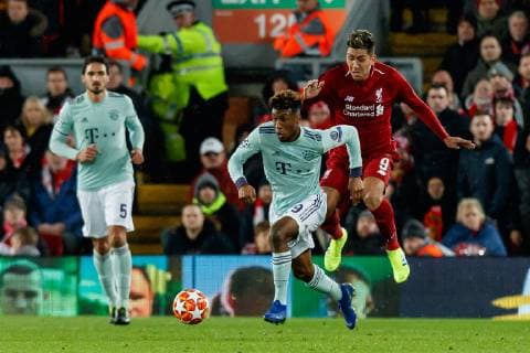England Liverpool 19 02 2019 UEFA Champions League 2018 19 Season Round of 16 First leg Liverpool FC Bayern Muenchen Kingsley Coman FCB and Roberto Firmino LFC in a duel DeFodi048