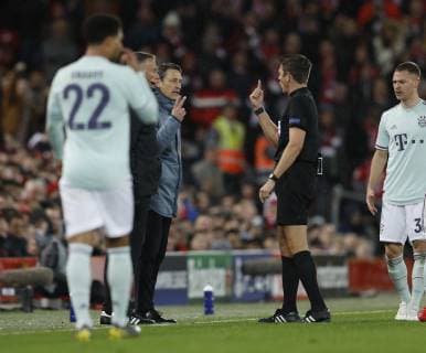 Niko Kovac manager of Bayern Munich is given a first warning by Referee Gianluca Rocchi during the UEFA Champions League Round of 16 First Leg match at Anfield Stadium, Liverpool. Picture date: 19th February 2019. Picture credit should read: Darren Staples Sportimage EDITORIAL USE ONLY. No use with unauthorised audio, video, data, fixture lists, club league logos or live services. Online in-match use limited to 120 images, no video emulation. No use in betting, games or single club league player publications. _AZ23288.JPG