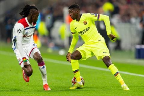 Lyon France 19 02 2019 UEFA Champions League 2018 19 Season quarter-final Olympique Lyon FC Barcelona Bertrand Traore OLY and Ousmane Dembele FCB in the duel DeFodi053