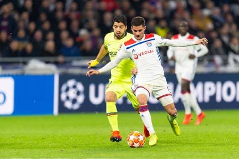 Lyon France 19 02 2019 UEFA Champions League 2018 19 Season quarter-final Olympique Lyon FC Barcelona Luis Suarez FCB and Houssem Aouar OLY in a duel DeFodi053