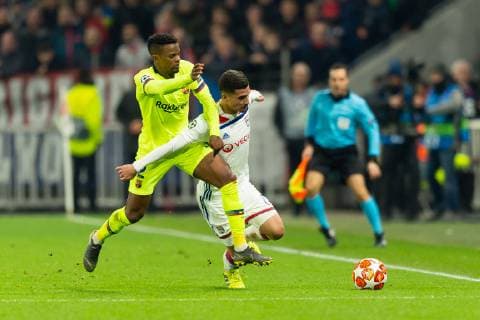 Lyon France 19 02 2019 UEFA Champions League 2018 19 Season quarter-final Olympique Lyon FC Barcelona Nelson Semedo FCB and Houssem Aouar OLY in a duel DeFodi053