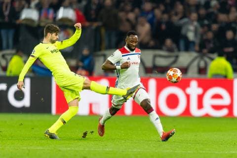 Lyon France 19 02 2019 UEFA Champions League 2018 19 Season quarter-final Olympique Lyon FC Barcelona Nelson Semedo FCB and Houssem Aouar OLY in a duel DeFodi053