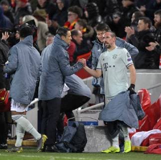 19 02 2019 Football UEFA Champions League 2018 2019 Round of 16 FC Liverpool FC Bayern Munich Anfield Stadium in Liverpool England shakehands Franck Ribery FC Bayern Munich dissatisfied after the match li coach Niko Kovac FC Bayern Munich re Franck Ribery FC Bayern Munich DFL and DFB regulations prohibit any use of photographs as image sequences and or quasi video