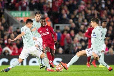 James Rodriguez of FC Bayern Munchen, Naby Keita of Liverpool FC, Robert Lewandowski of FC Bayern Munchen during the UEFA Champions League round of 16 match between Liverpool FC and Bayern Munich at Anfield on February 19, 2019 in Liverpool, United Kingdom UEFA Champions League 2018 2019 xVIxVIxImagesx xTomxBodexMultimediaxIVx 13681120