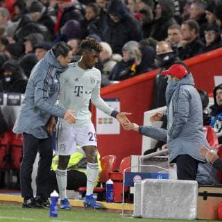 19 02 2019 Football UEFA Champions League 2018 2019 Round of 16 FC Liverpool FC Bayern Munich Anfield Stadium in Liverpool England v left coach Niko Kovac FC Bayern Munich takes Kingsley Coman Bayern Munich out of the game DFL and DFB regulations prohibit any use of photographs as image sequences and or quasi video