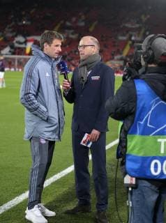 19 02 2019 Soccer UEFA Champions League 2018 2019 Round of 16 FC Liverpool FC Bayern Munich Anfield Stadium in Liverpool England Thomas Müller li FC Bayern Munich at SKY Sport Interview before the match DFL and DFB regulations prohibit any use of photographs as image sequences and or quasi video