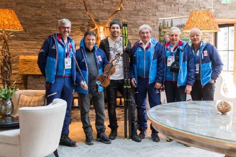 NORDIC SKIING - FIS Nordic World Ski Championships Seefeld 2019 SEEFELD,AUSTRIA,20.FEB.19 - NORDIC SKIING - FIS Nordic World Ski Championships Seefeld 2019, side event, photocell Garrett Schroecksnadel. Image shows mayor Werner Frieser (Seefeld), president Peter Schroecksnadel (OESV), violinist David Garrett, vice president Klaus Leistner, press officer Josef Schmid (OESV) and Fred Steinacher. GEPAxpictures xDanielxGoetzhaber