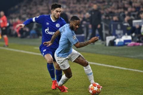 GER CL FC Schalke 04 vs Manchester City 20 02 2019 Veltins Arena Gelsenkirchen GER CL FC Schalke 04 vs Manchester City DFL regulations prohibit any use of photographs as image sequences and or quasi video in picture v left in duel Sutat Serdar 8 FC Schalke 04 Raheem Sterling 7 Manchester City nph Mauelshagen nph00321