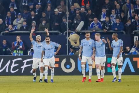 GELSENKIRCHEN, Veltins Arena, 20-02-2019 , season 2018 2019 , UEFA Champions League. Manchester City player Sergio Aguero (l) celebrating the goal scored 0-1 during the match Schalke - Manchester City Schalke - Manchester City  x2837526x
