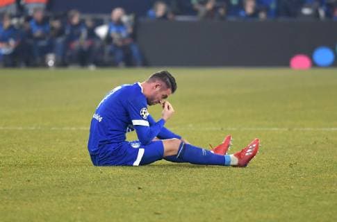 20 02 2019 Football UEFA Champions League Season 2018 2019 Round of sixteen first leg FC Schalke 04 Manchester City Mark Uth FC Schalke 04 injured on grass City scored the goal at this moment to 0 1 Team2