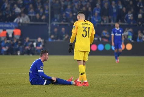 20 02 2019 Football UEFA Champions League Season 2018 2019 Round of sixteen first leg FC Schalke 04 Manchester City Mark Uth FC Schalke 04 injured on the grass right goalkeeper Ederson Manchester City City scored the goal to 0 1 at this moment Team2