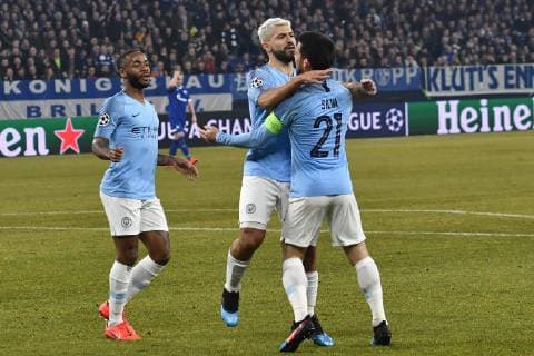 GER CL FC Schalke 04 vs Manchester City 20 02 2019 Veltins Arena Gelsenkirchen GER CL FC Schalke 04 vs Manchester City DFL regulations prohibit any use of photographs as image sequences and or quasi video in picture Kun Agüero Agueero 10 Manchester City cheers for his goal to 0 1 with David Silva 21 Manchester City nph Mauelshagen nph00321