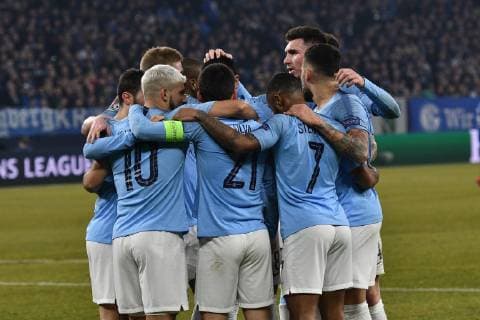 GER CL FC Schalke 04 vs Manchester City 20 02 2019 Veltins Arena Gelsenkirchen GER CL FC Schalke 04 vs Manchester City DFL regulations prohibit any use of photographs as image sequences and or quasi video in picture the team of Manchester cheering joy emotion goal cheering goal scorers to 0 1 Kun Agüero Agueero 10 Manchester City nph Mauelshagen nph00321