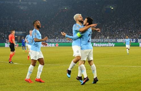Gelsenkirchen Germany 20 02 2019 UEFA Champions League 2018 19 Season Round of 16 FC Schalke 04 Manchester City cheers for Sergio Aguero Manchester City after the goal for 0 1 DeFodi521