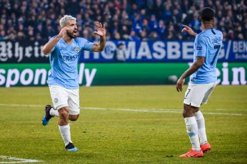 20 02 2019 xkvx Football UEFA Champions League FC Schalke 04 Manchester City emspor v l Goal celebration celebrate the goal to the 0 1 by Kun Agueero Manchester City DFL DFB REGULATIONS PROHIBIT ANY USE OF PHOTOGRAPHS as IMAGE SEQUENCES and or QUASI VIDEO Gelsenkirchen