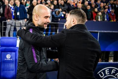 20 02 2019 xkvx Football UEFA Champions League FC Schalke 04 Manchester City emspor v l Trainer Coach Pep Guardiola Coach Domenico Tedesco S04 Schalke 04 DFL DFB REGULATIONS PROHIBIT ANY USE OF PHOTOGRAPHS as IMAGE SEQUENCES and or QUASI VIDEO Gelsenkirchen