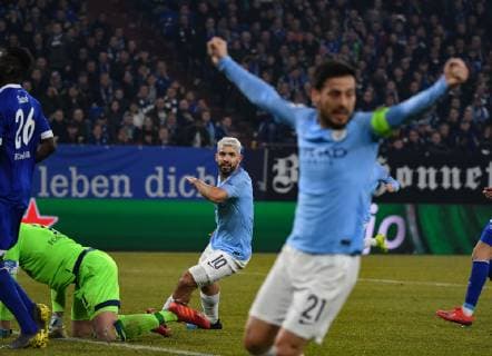 Football Champions League Round of 16 FC Schalke 04 Manchester City on 20 02 2019 at the Veltins Arena in Gelsenkirchen Goal celebration to 0 1 by Sergio Agüero Manchester DFL Regulations prohibit any use of photographs as image sequences and or quasi video xMNx