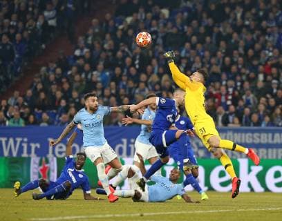 20 02 2019 Football UEFA Champions League 2018 2019 Round of 16 FC Schalke 04 Manchester City at VELTINS Arena Gelsenkirchen L R Nicolas Otamendi Manchester City vs. Matija Nastasic Schalke and goalkeeper Ederson Manchester City DFL and DFB regulations prohibit any use of photographs as image sequences and or quasi video