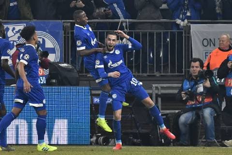 GER CL FC Schalke 04 vs Manchester City 20 02 2019 Veltins Arena Gelsenkirchen GER CL FC Schalke 04 vs Manchester City DFL regulations prohibit any use of photographs as image sequences and or quasi video in picture Nabil Bentaleb 10 FC Schalke 04 cheers after his goal to the 2 1 with Hamza Mendyl 3 FC Schalke 04 nph Mauelshagen nph00321