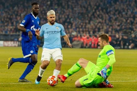 Gelsenkirchen Germany 20 02 2019 UEFA Champions League 2018 19 Season Round of 16 FC Schalke 04 Manchester City Salif Sane S04 Sergio Agueero Manchester City and goalkeeper Ralf Faehrmann S04 in a duel battle for the ball DeFodi001