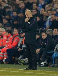 Gelsenkirchen Germany 20 02 2019 UEFA Champions League 2018 19 Season Round of 16 FC Schalke 04 Manchester City coach Pep Guardiola Manchester City thoughtful DeFodi521